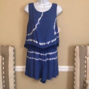 Blue and whit Tie Died Striped one piece Romper.